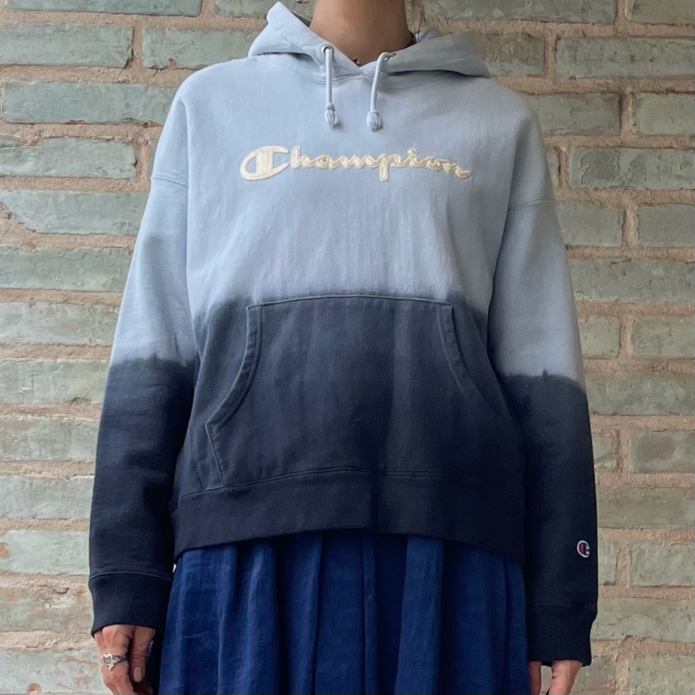 Champion Spellout Hoodie Blue Ombre Dip Dye Reverse Weave Embroidered Sweatshirt - Picture 2 of 14